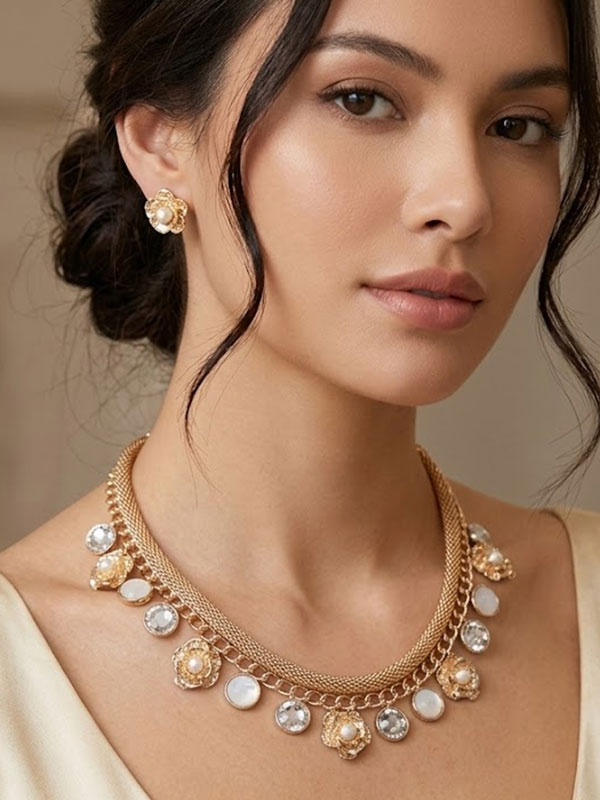 Pearl center rose and multi disk dangle statement necklace set