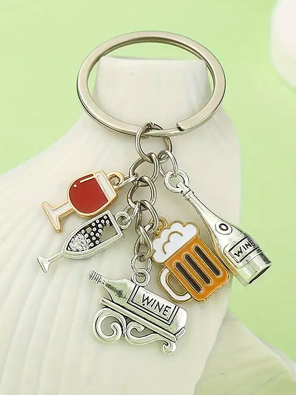 Wine bottle & glass and beer mug charms keychain