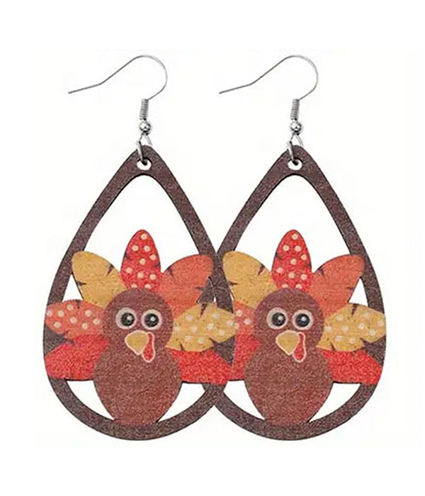 Thanksgiving theme turkey wood earring