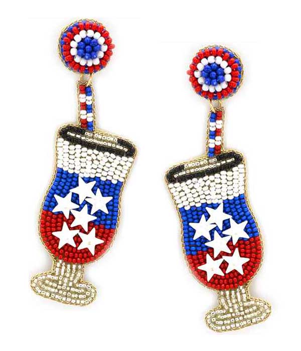 HANDMADE MULTI SEEDBEAD PATRIOTIC THEME COCKTAIL EARRING - AMERICAN FLAG