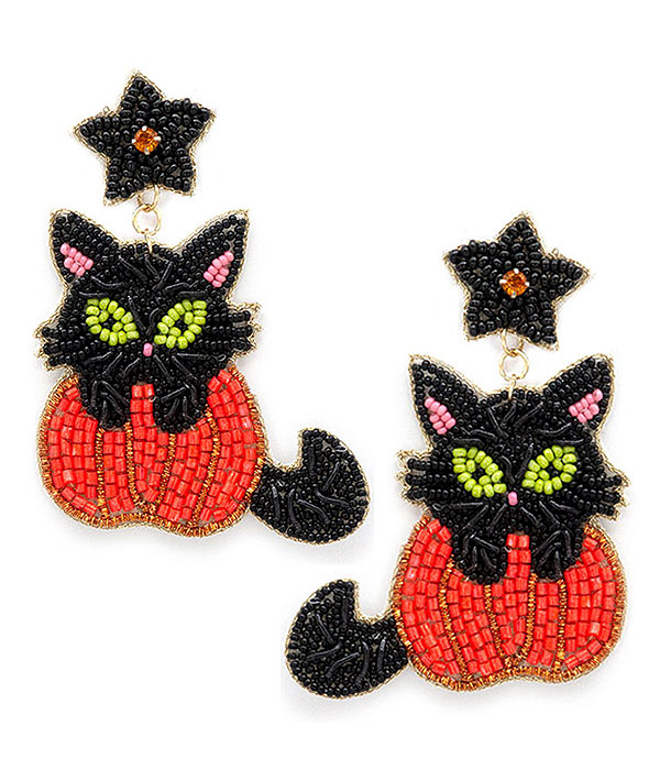 Halloween theme handmade seedbead cat and pumpkin earring