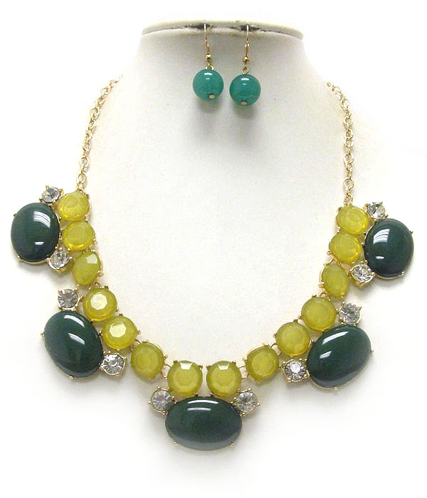Crystal and puffy acrylic oval stone drop statement necklace earring set