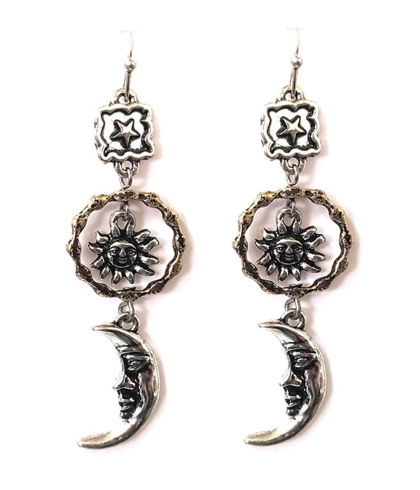 Vintage metal sun and moon dangle drop earring