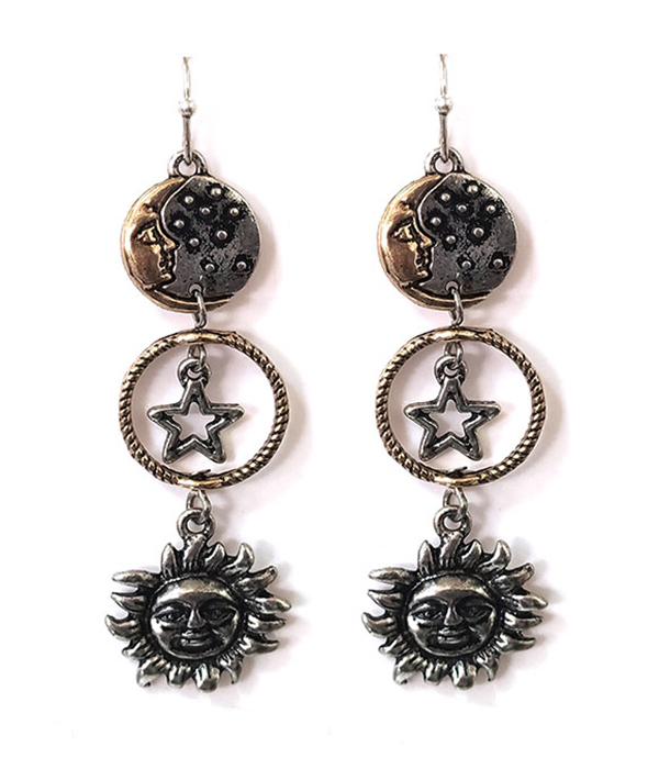 Vintage metal sun and star dangle drop earring