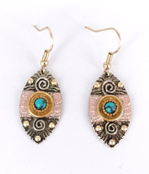 Vintage metal hand carved turquoise center marquise earring