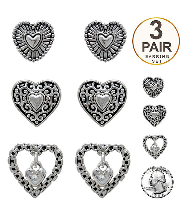 Designer textured 3 pair heart earring set