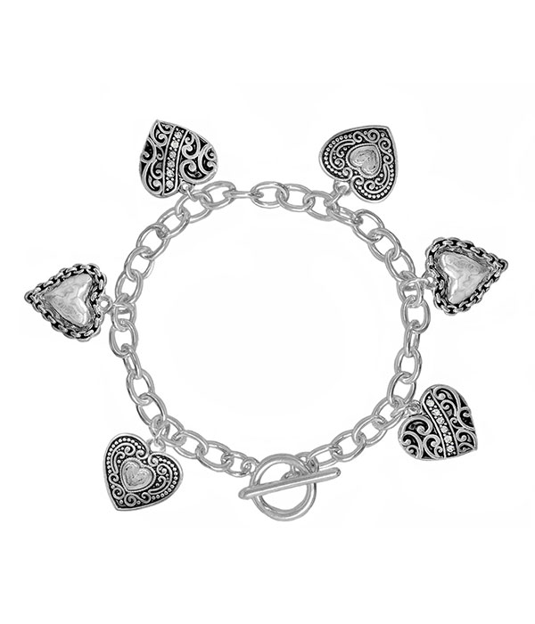 Designer textured multi heart charm toggle bracelet