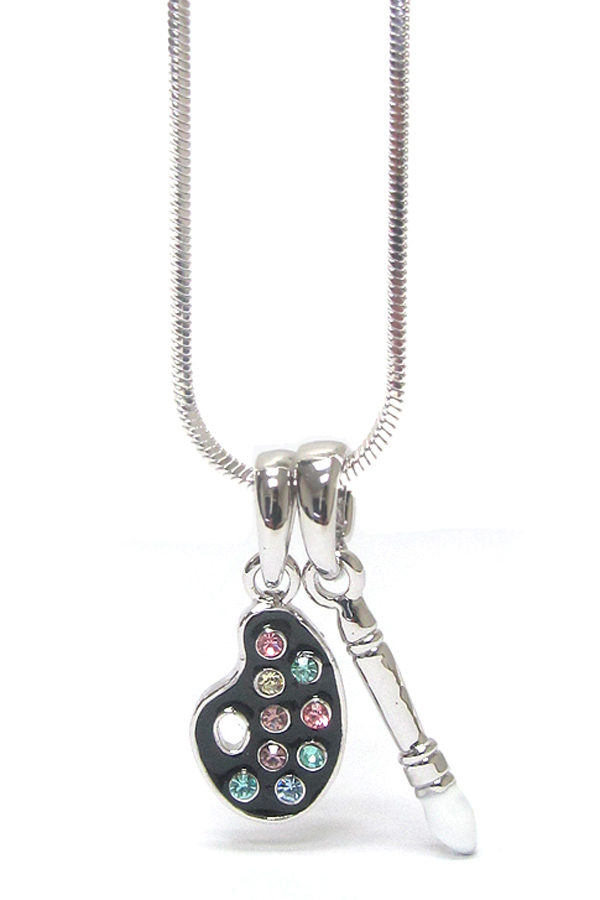 Made in korea whitegold plating crystal  art theme paint brush and pallet pendant necklace