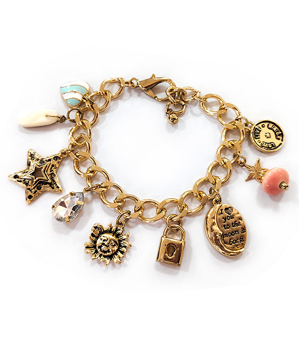 Multi vintage charm chain bracelet - moon star sun