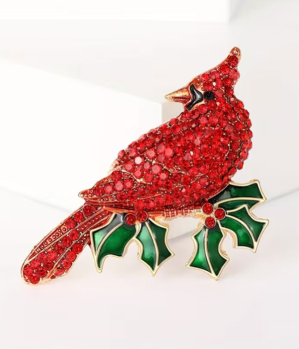 Christmas theme red bird on branch brooch - cardinal