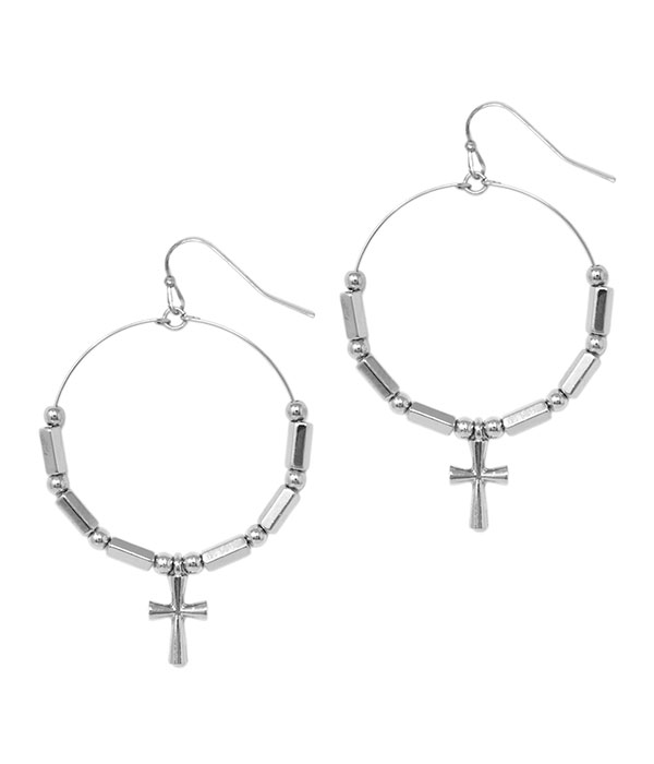Cross drop hoop earring