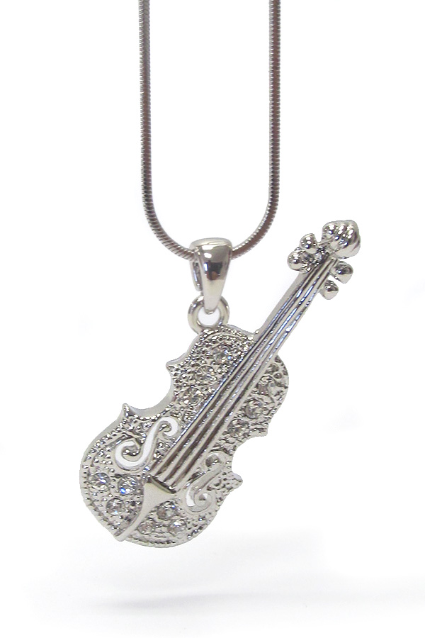Made in korea whitegold plating crystal stud  music theme violin pendant necklace