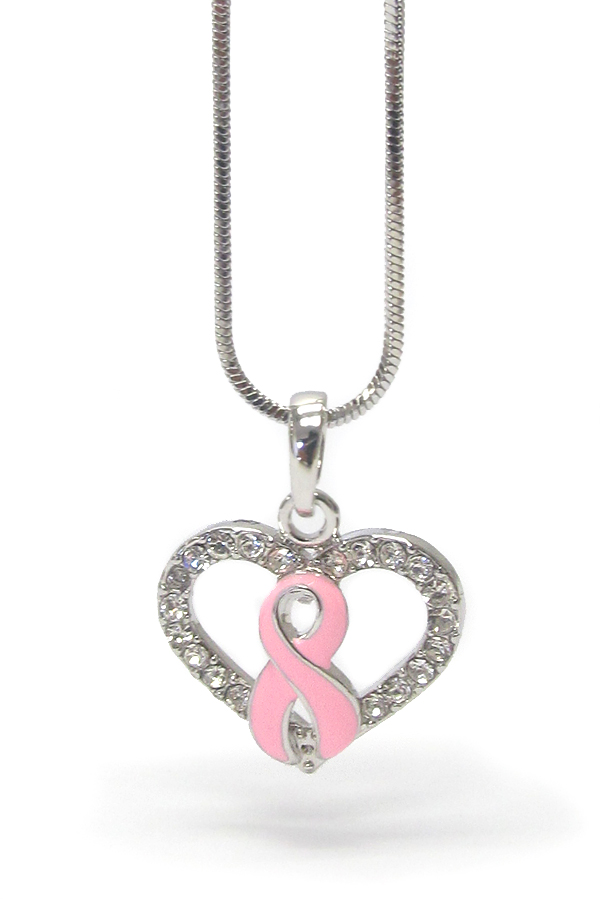 Made in korea whitegold plating epoxy and crystal deco pink ribbon heart pendant necklace - breast cancer awareness
