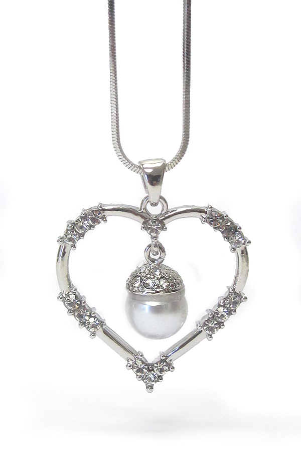 Made in korea whitegold plating crystal stud pearl dangle heart pendant necklace -valentine