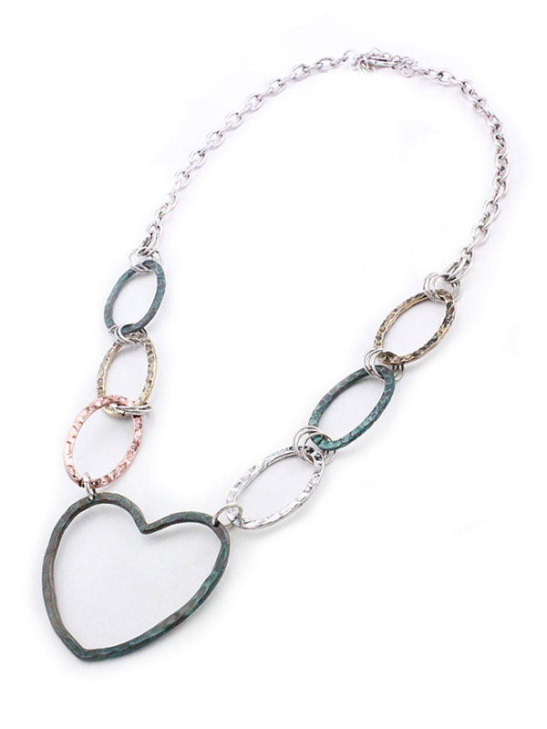 Hammered metal heart and ring necklace