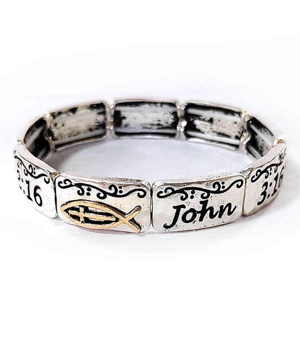 Antique silver christian fish stretch bracelet - john 3:16