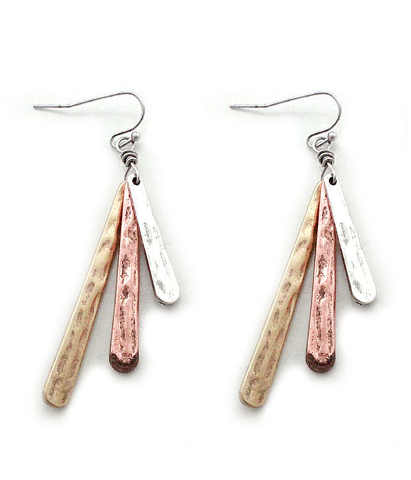Hammered triple metal bar earring