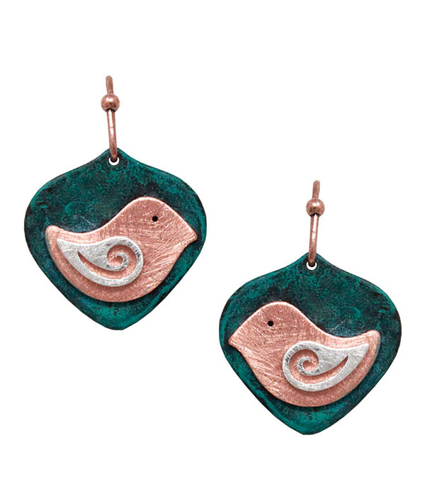 Patina scratch metal bird earring