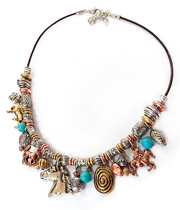 Western theme multi charm cord necklace - horse