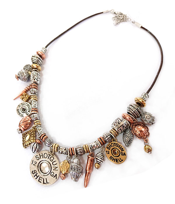 Western theme multi charm cord necklace - bullet