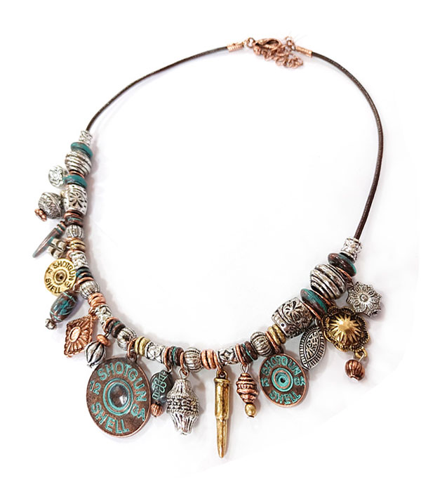 Western theme multi charm cord necklace - bullet