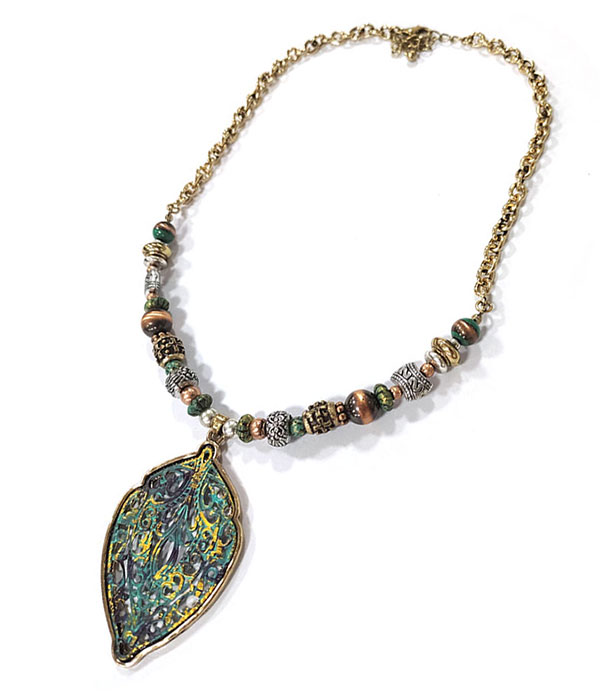 Vintage style patina pendant and mix bead necklace - leaf