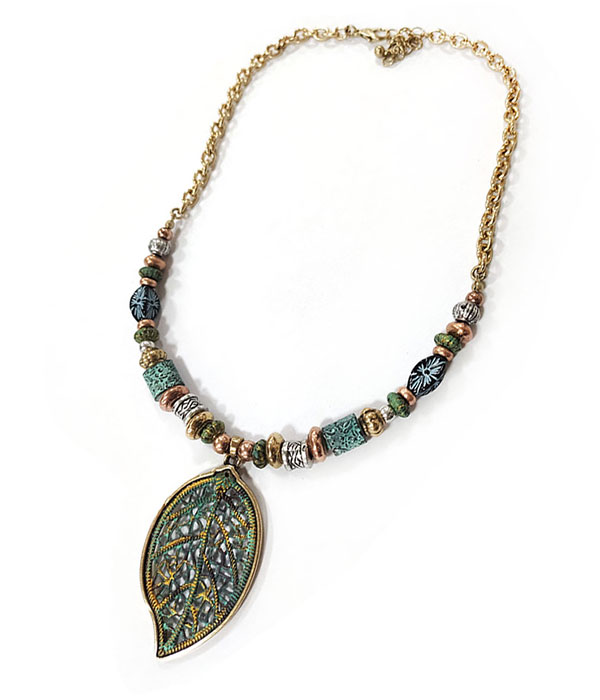 Vintage style patina pendant and mix bead necklace - leaf