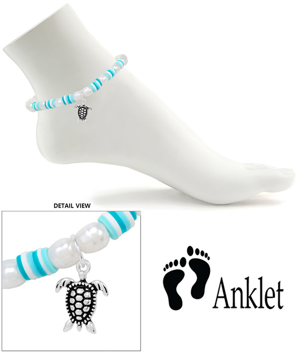 Sealife theme multi pearl and bead mix anklet - turtle