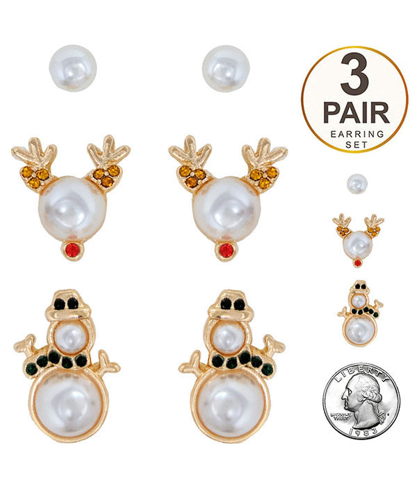 Christmas theme 3 pair earring set - snowman reindeer