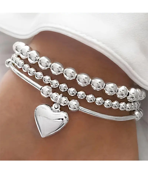 Puffy heart charm stackable stretch bracelet set