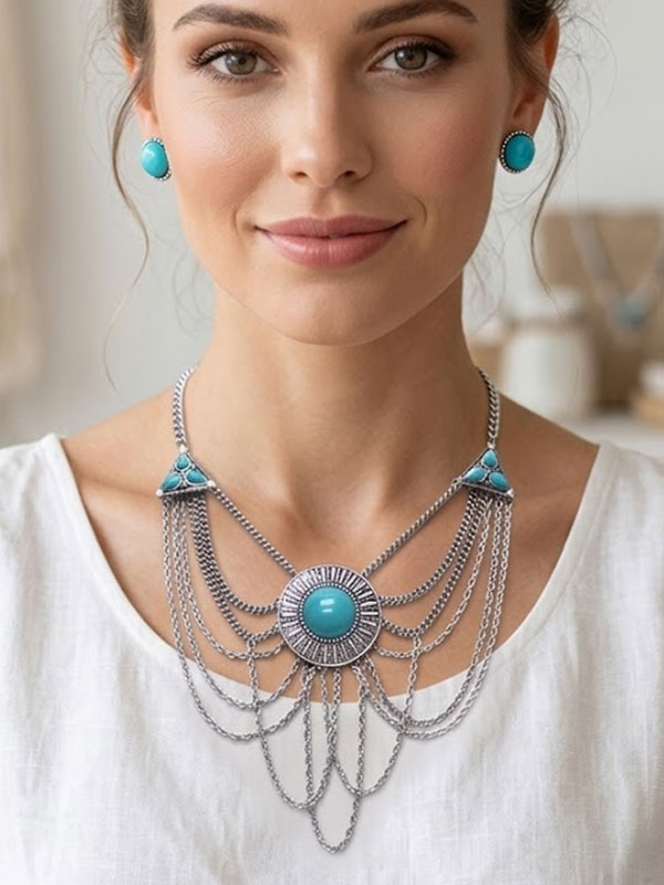 Chain layers with stone statement necklace set