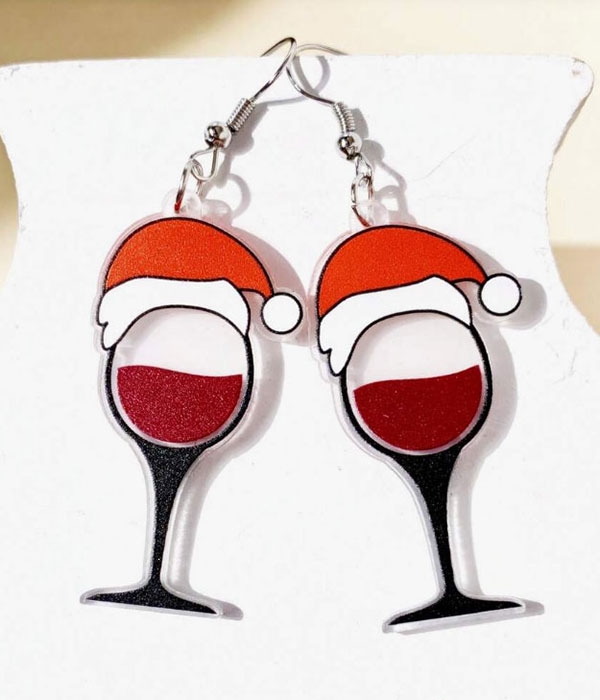 Acrylic santa hat and wine glass earring