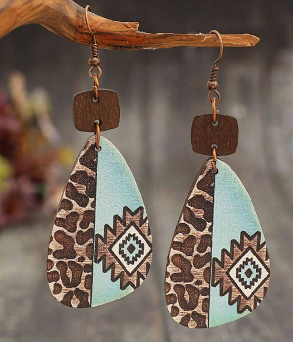 Vintage animal print wood teardrop earring