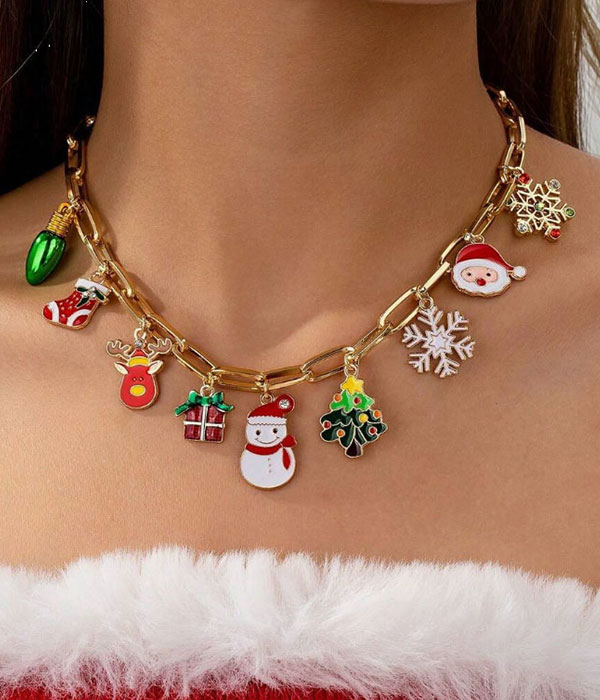 Christmas theme multi charm necklace - snowman