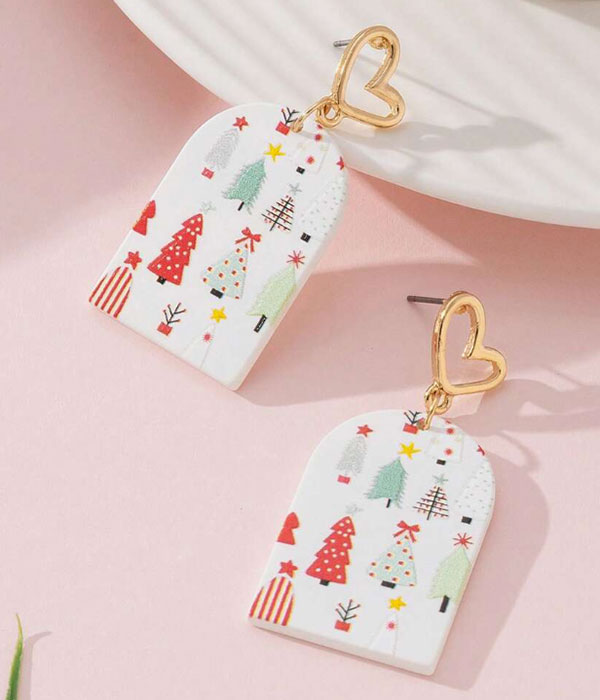Christmas theme multi tree paint faux ceramic earring - trees