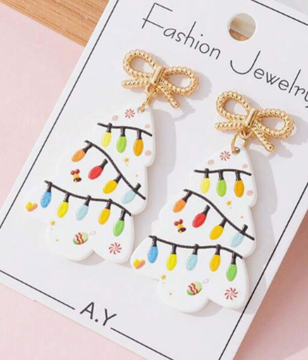 Christmas theme multi tree paint faux ceramic earring - tree