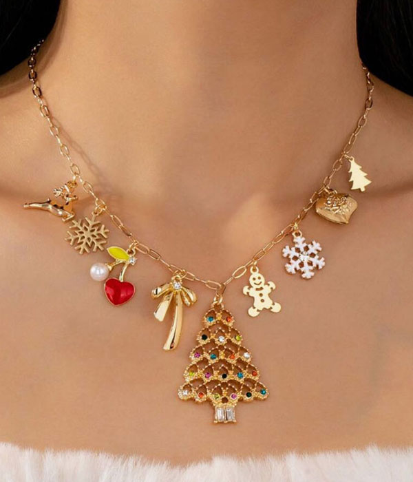 Christmas theme multi charm necklace - tree