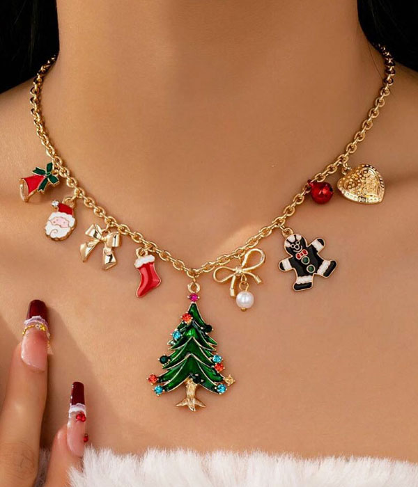 Christmas theme multi charm necklace - tree