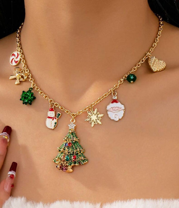 Christmas theme multi charm necklace - tree