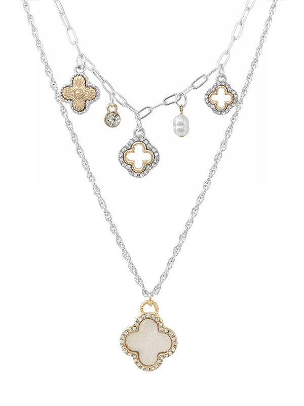 Mop and crystal multi quatrefoil double layer necklace