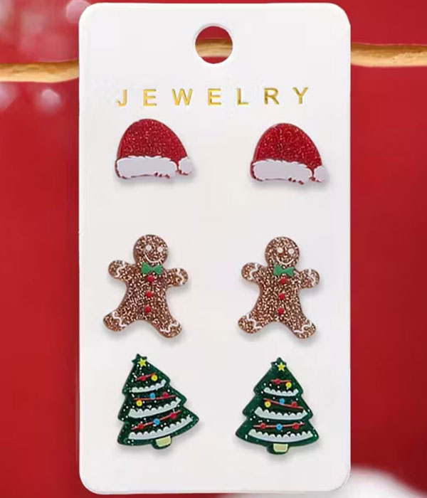 Christmas theme 3 pair earring set