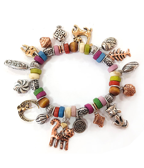 Vintage metal multi charm and bead mix stretch bracelet - cat