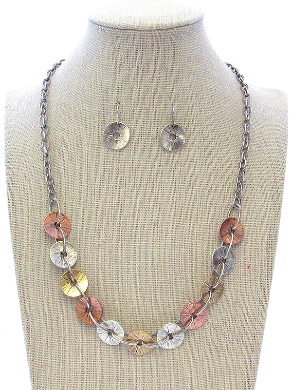 Multi scratch metal disck link necklace set - brass metal
