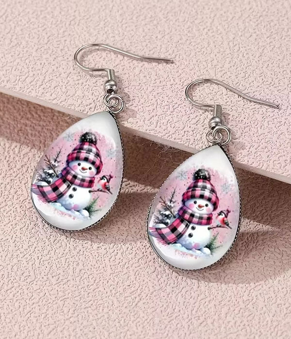 Christmas theme vintage puffy teardrop earring - snowman