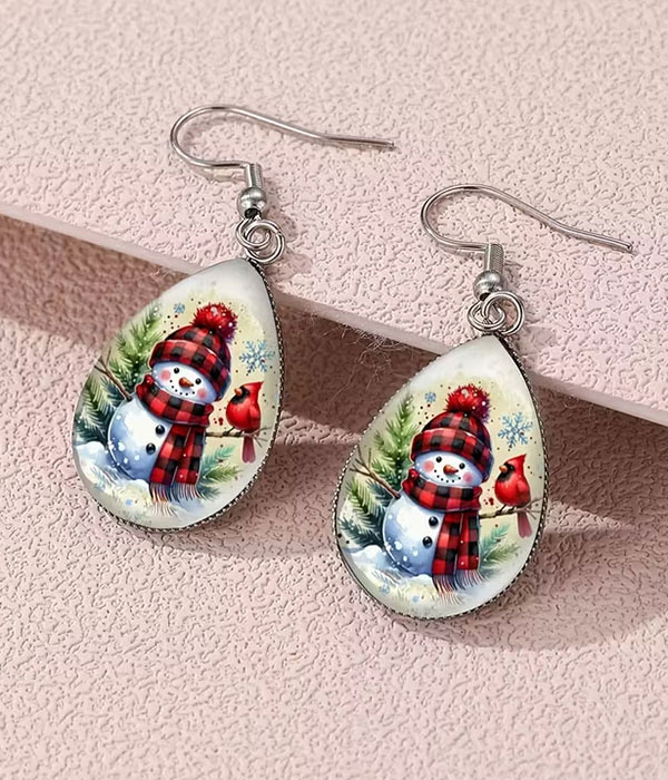 Christmas theme vintage puffy teardrop earring - snowman