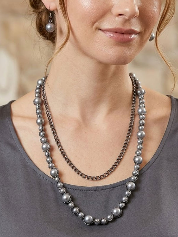 Multi pearl and chain link double chain statement necklace earring set