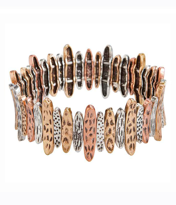 Textured multi tritone metal bar link stretch bracelet