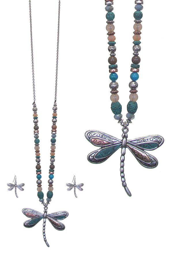 Dragonfly pendant and multi bead chain long necklace set
