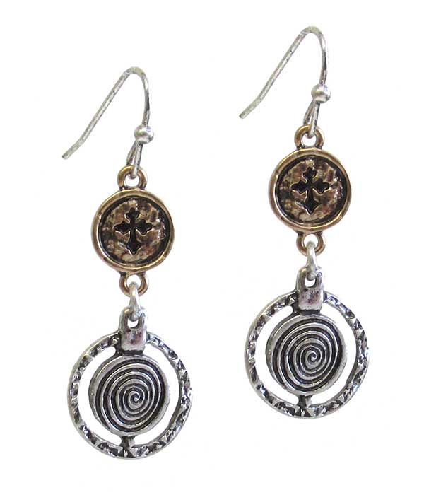 Antique metal double disc drop earring