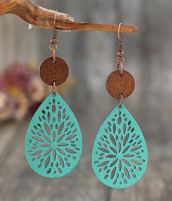 Laser cut teardrop wood earring